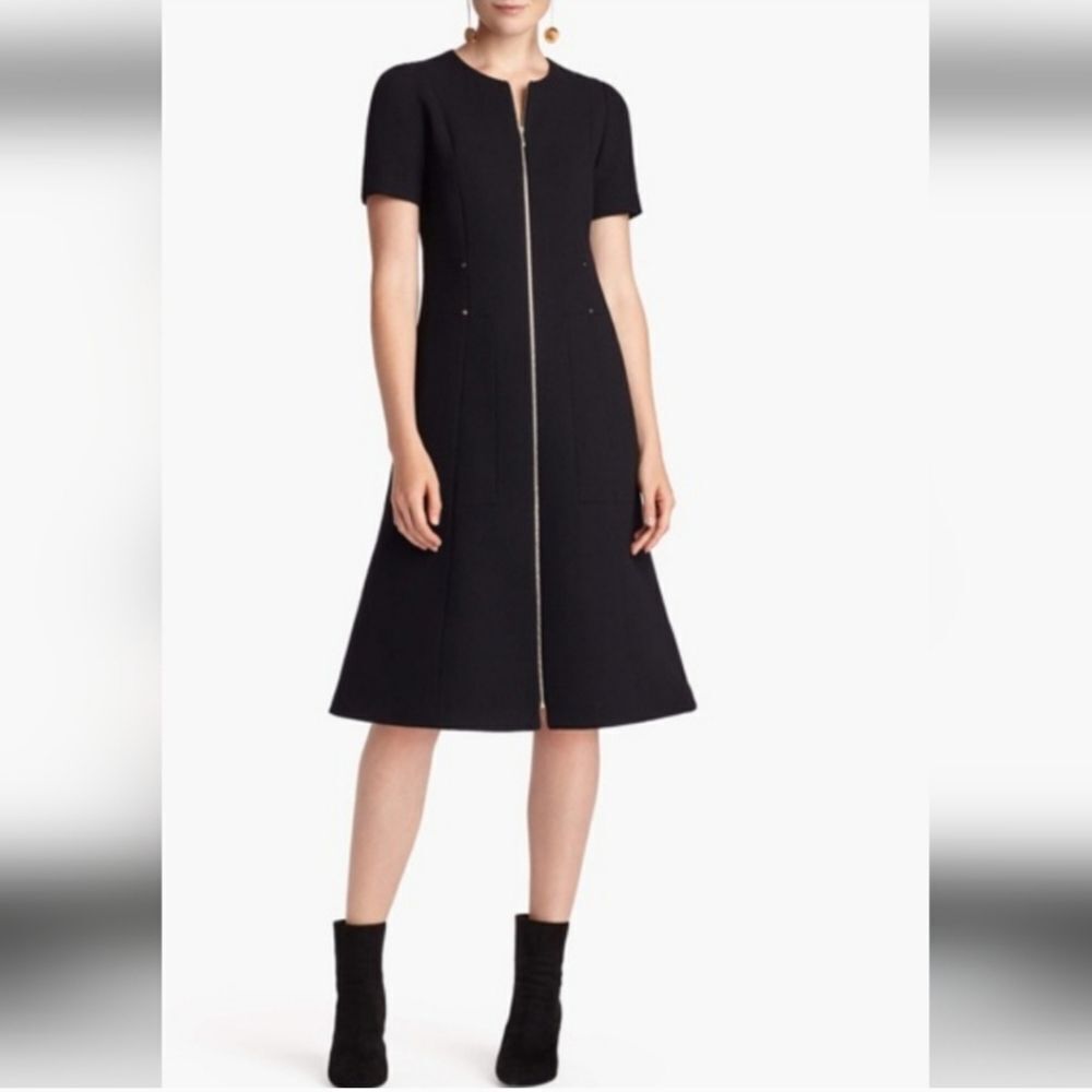 Lafayette 148 New York black Wool zip-front Midi A-line  Dress M  Pockets